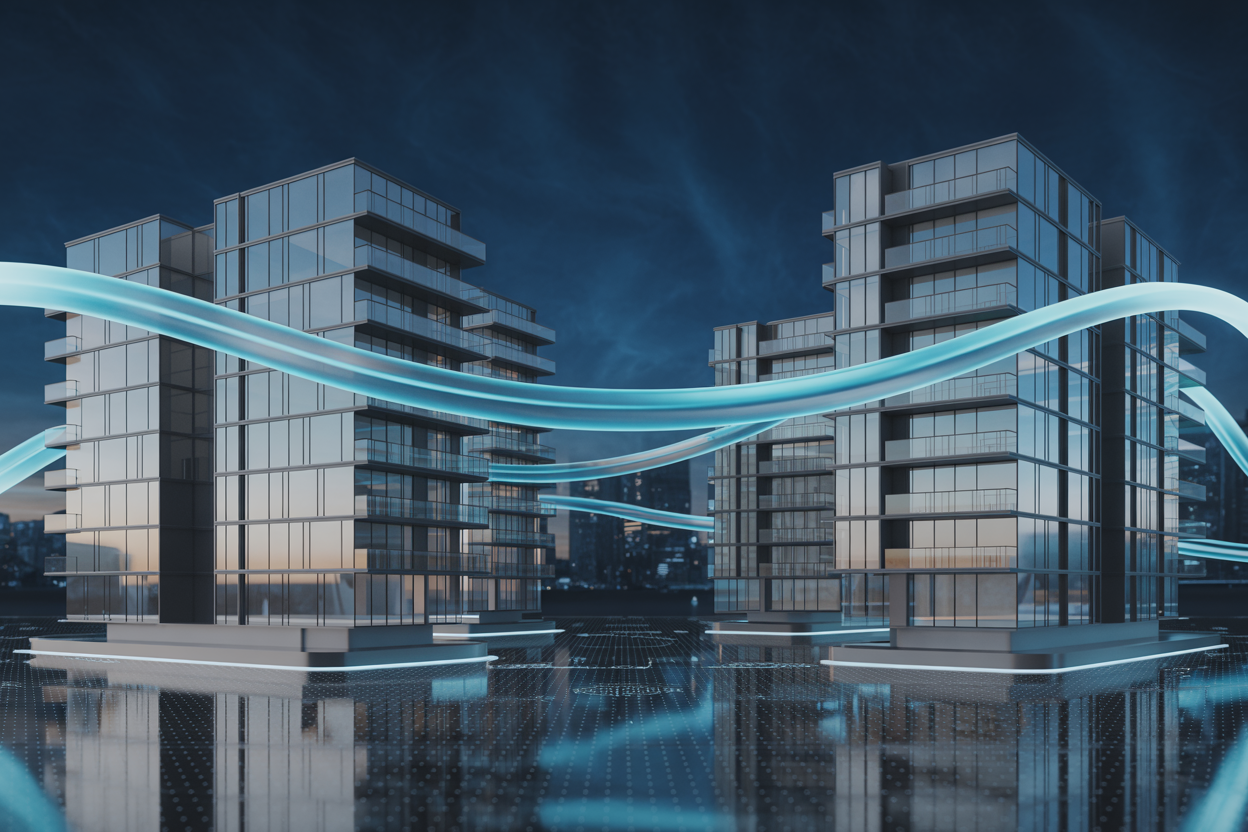 Modernit asuinkerrostalot, joita yhdistää sininen datavirta - kuva symboloi älykästä etäluentaa ja järjestelmäintegraatiota