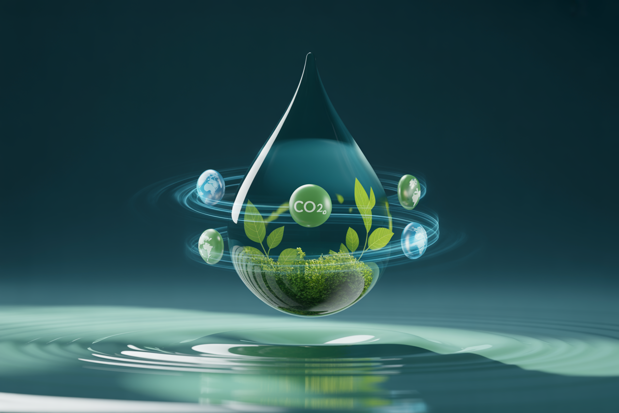 CO2-tekstiä kantava vesipisara, jossa kasveja ja maapalloja - symboli ilmastoystävällisestä vedenkäytöstä