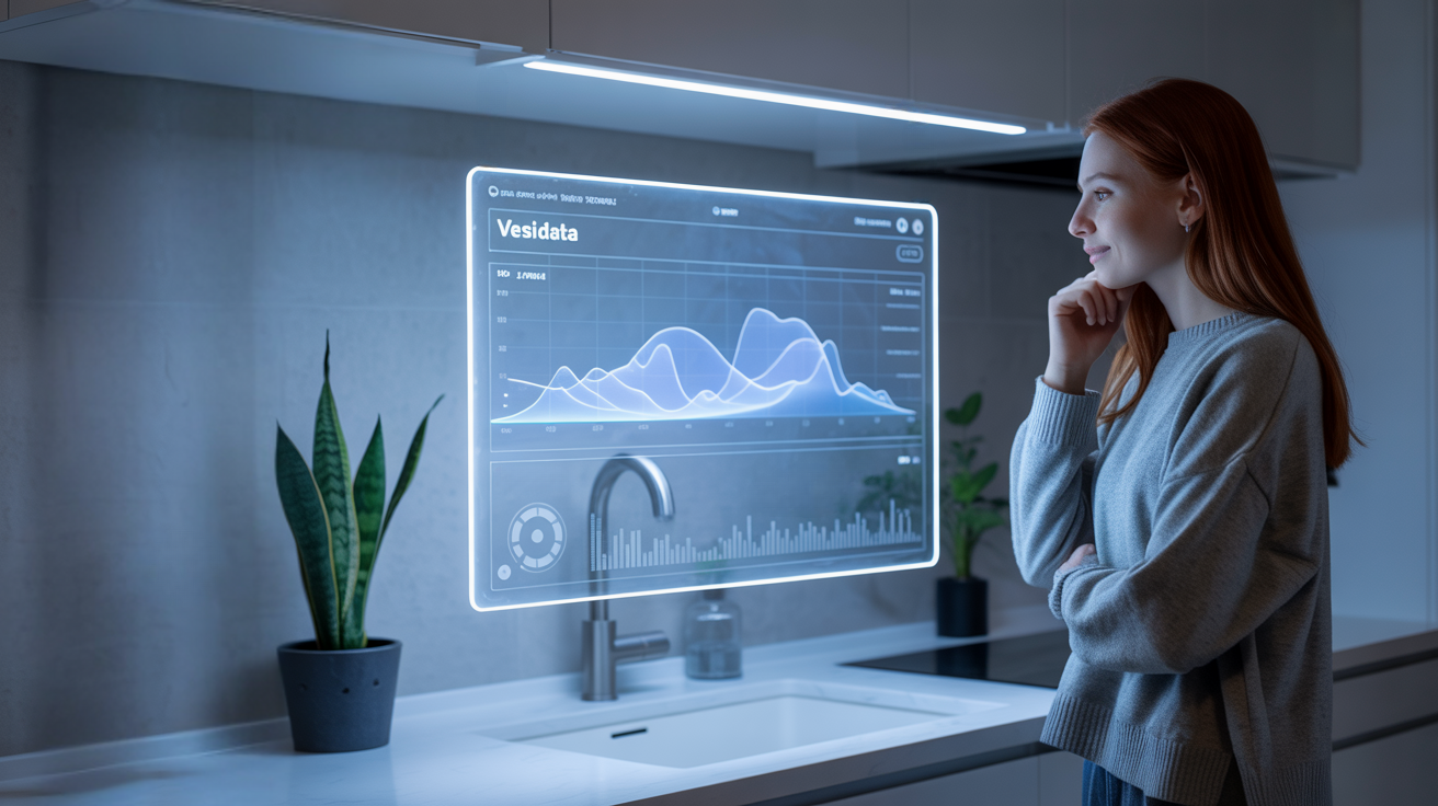 Nainen seuraa vesidataa digitaaliselta näytöltä keittiössä - etäluettava vesimittari