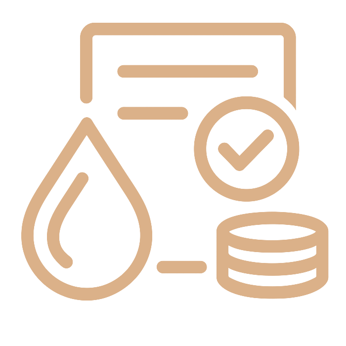 Ikoni, jossa vesipisara, lasku valintamerkki ja kolikot - symboloi tarkkaa vedenmittausta ja luotettavaa laskutusta