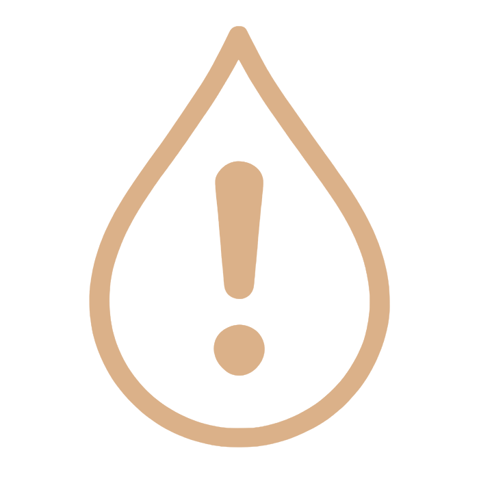 Ikoni, jossa huutomerkki vesipisaran sisällä - kuvaa vuotohälytystä tai vedenkulutuksen poikkemaa