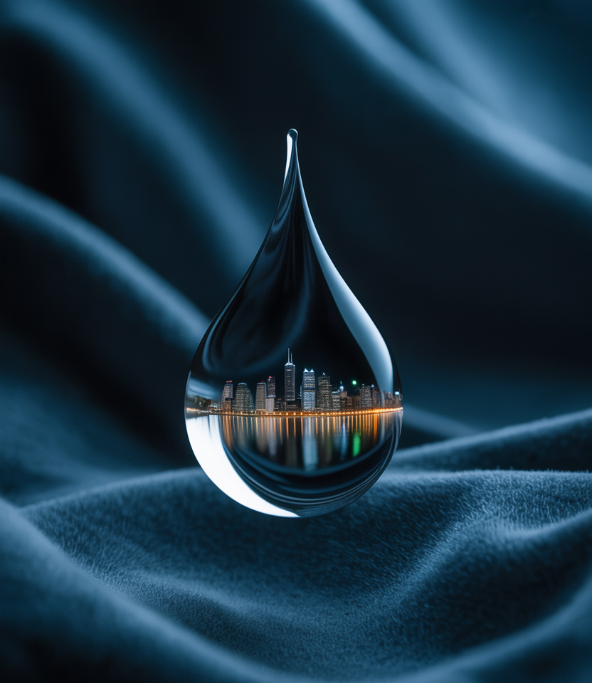 Vesipisara heijastaa kaupunkisiluetin sinisävyisellä taustalla