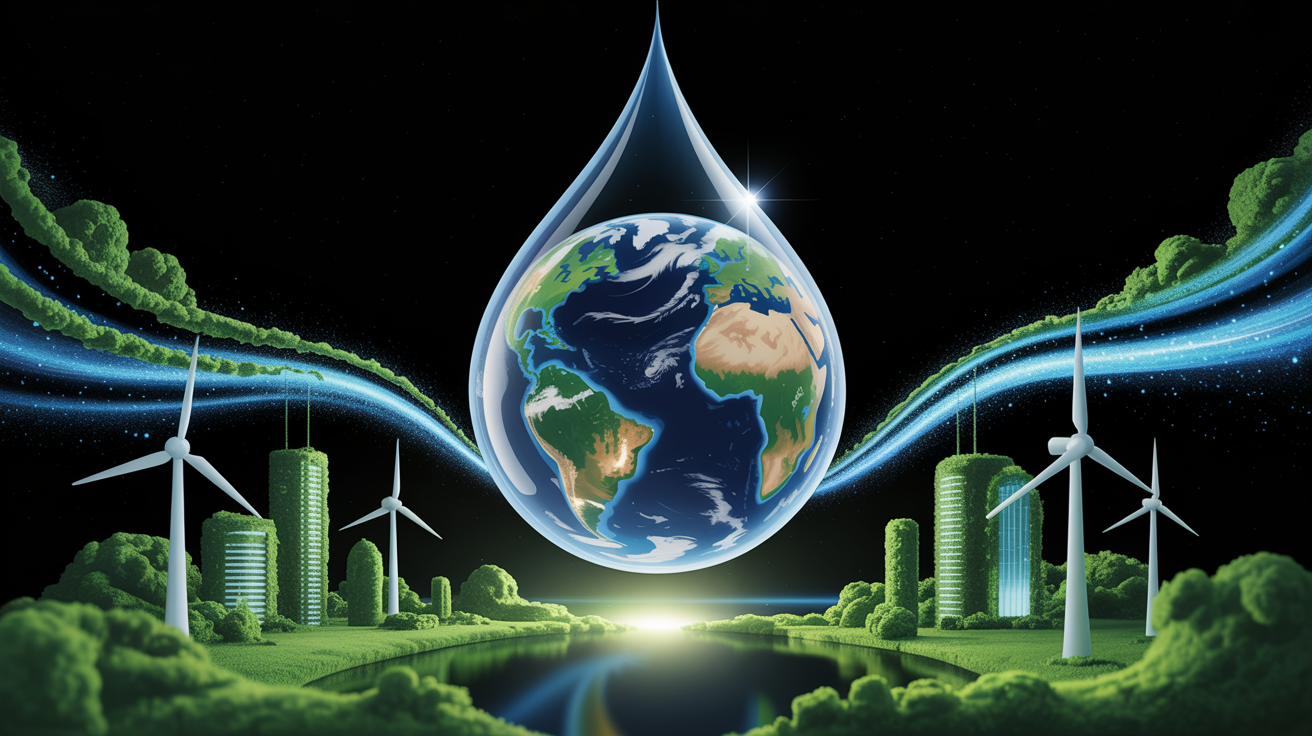 Maapallo vesipisarassa vihreässä kaupunkiympäristössä ja tuulivoimaloiden keskellä - symboli luonnon ja teknologian yhteydestä
