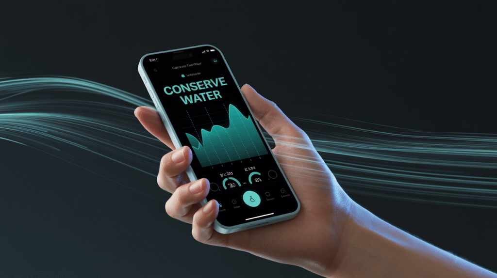 Käsi pitelee älypuhelinta, jossa näkyy vedenkulutuksen seurantasovellus
