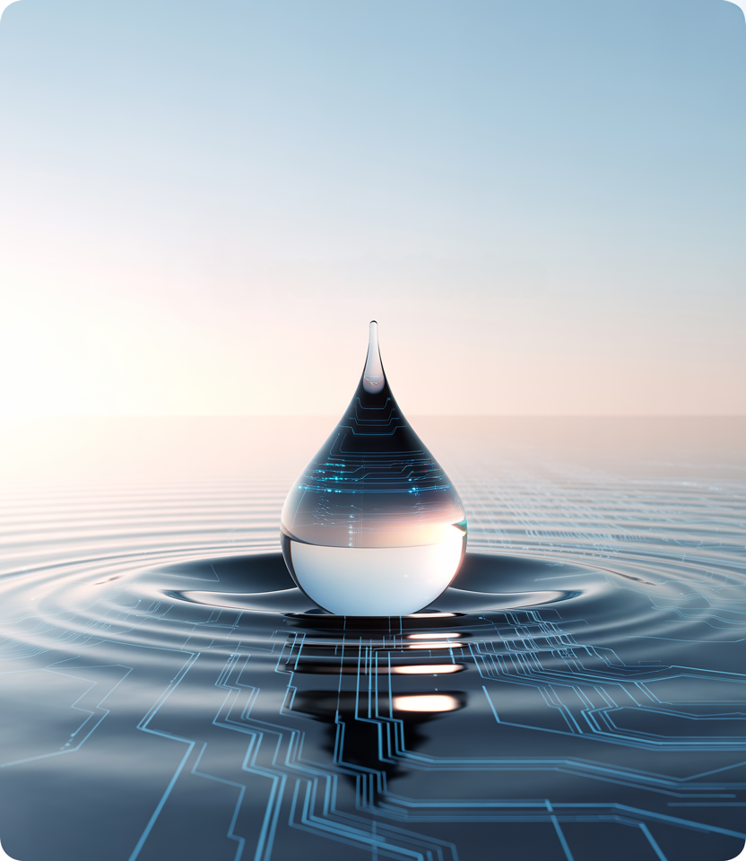 vesipisara digitaalisen verkon keskellä - symbolinen kuva etäluettavasta vedenmittauksesta