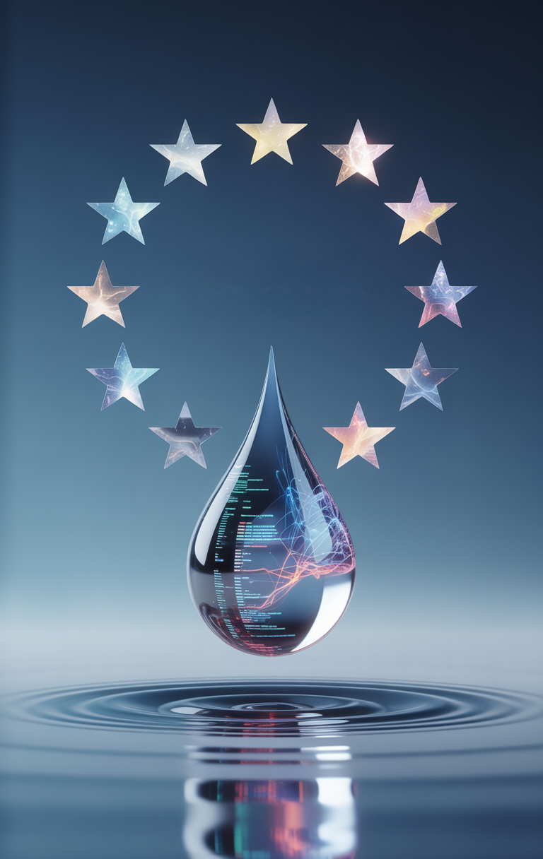 Vesipisara, jonka ympärillä on EU:n tähtikehä - kuva symboloi EU-direktiivin mukaista vedenkulutuksen etäseurantaa